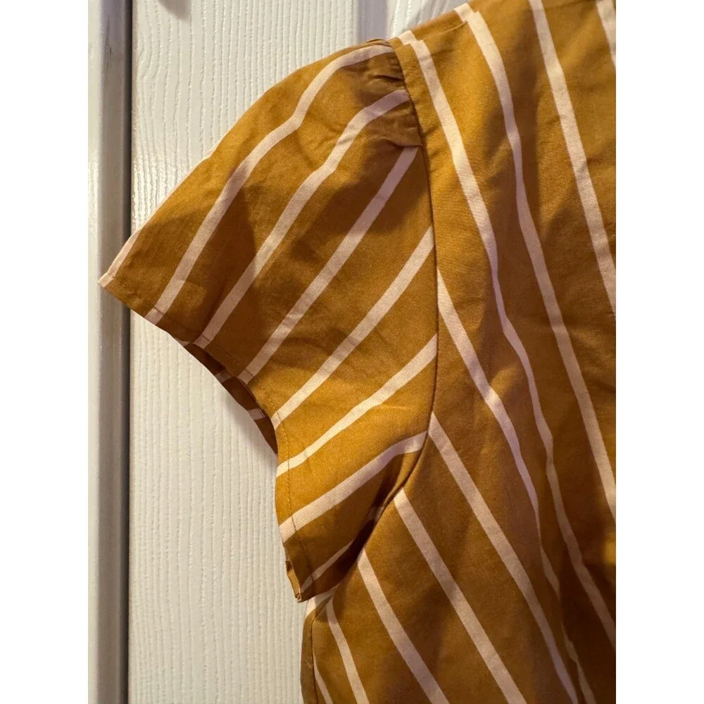 NWT LOFT Mustard White Striped Tie Front Peplum Top Sz L Coastal Resort Boho